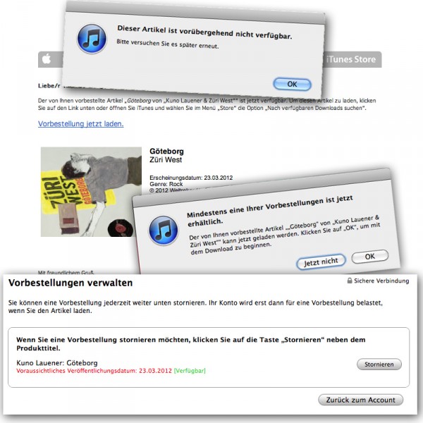 E-Mail, iTunes-Dialoge, Liste Vorreservationen